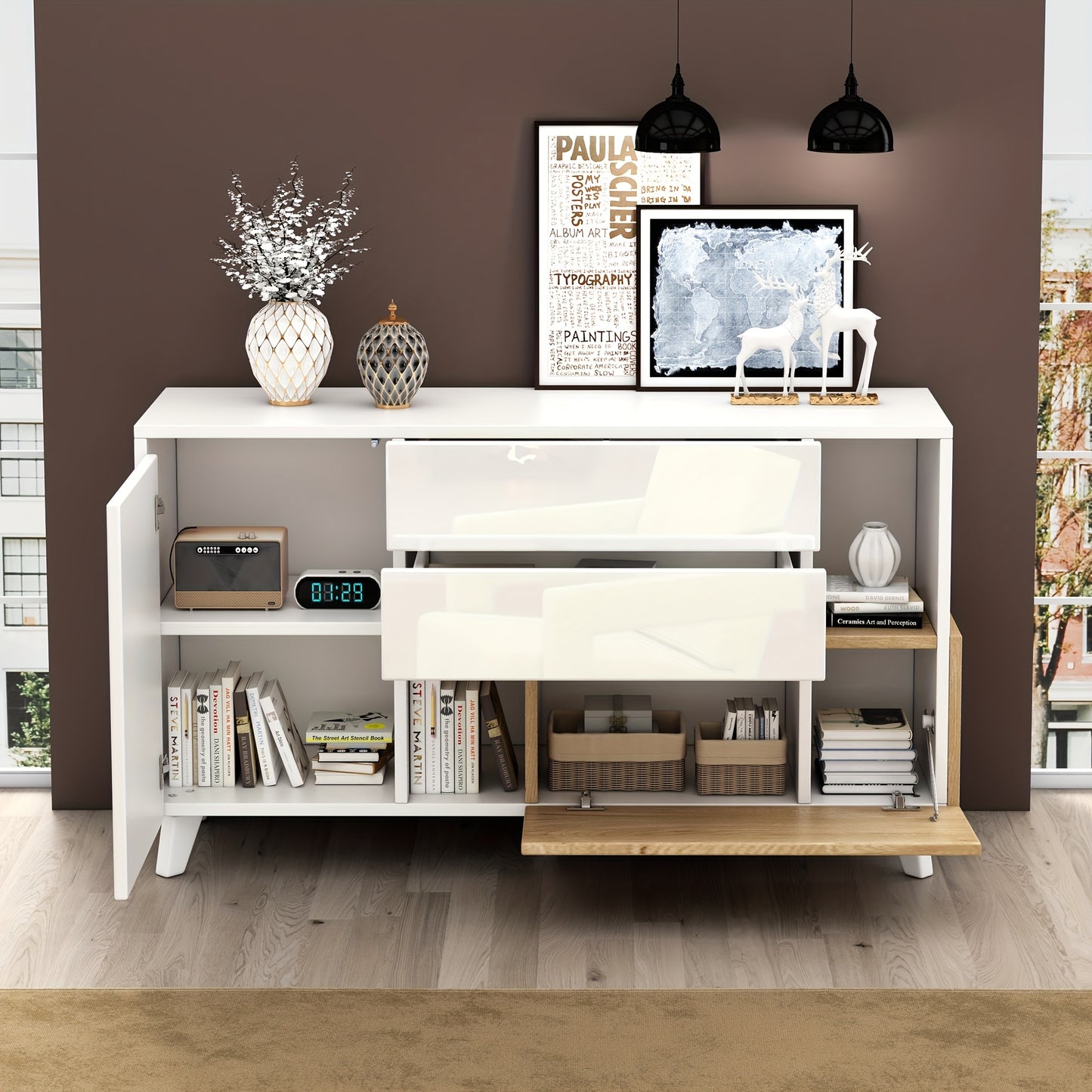 Storage Cabinet, Storage Cabinet, Large Storage Space High Gloss White Log Colour Sideboard, Modern Living Room Cabinet, 130*40*70Cm