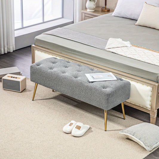Bankje – Bank – Zitbank – Halbankje – Voetenbank – Gestoffeerd – Stevige Stalen Poten – 112x41x46 cm – Zachte Grijze Stof – Button Tufting
