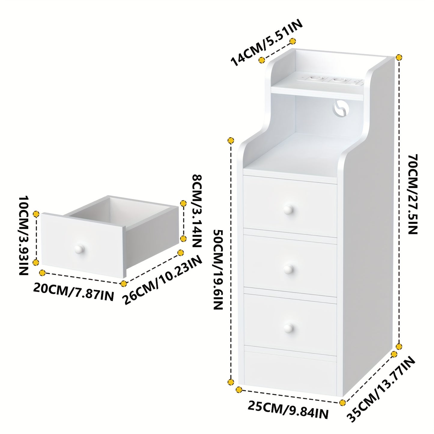 Nachtkastje – Bedside Table – Bijzettafel – Nachtkast – Ladekastje – Smal Design – 3 Laden – Wit Met Marmerachtig Blad – 25x35x70 cm – Gemakkelijk Geassembleerd