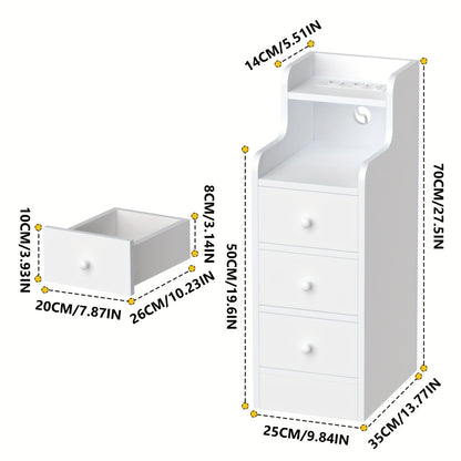 Nachtkastje – Bedside Table – Bijzettafel – Nachtkast – Ladekastje – Smal Design – 3 Laden – Wit Met Marmerachtig Blad – 25x35x70 cm – Gemakkelijk Geassembleerd