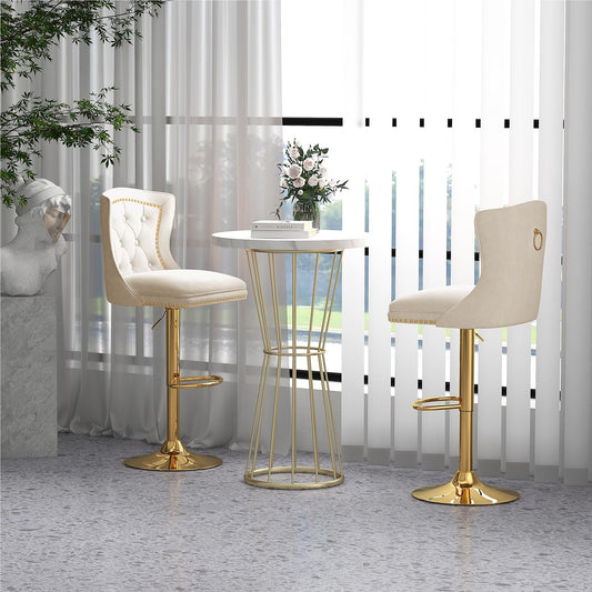 Barstoel – Barkruk – Keukenkruk – Stoel Met Rugleuning – Draaiende Kruk – Verstelbare Zithoogte 67-87 cm – Luxe Beige Fluwelen Bekleding