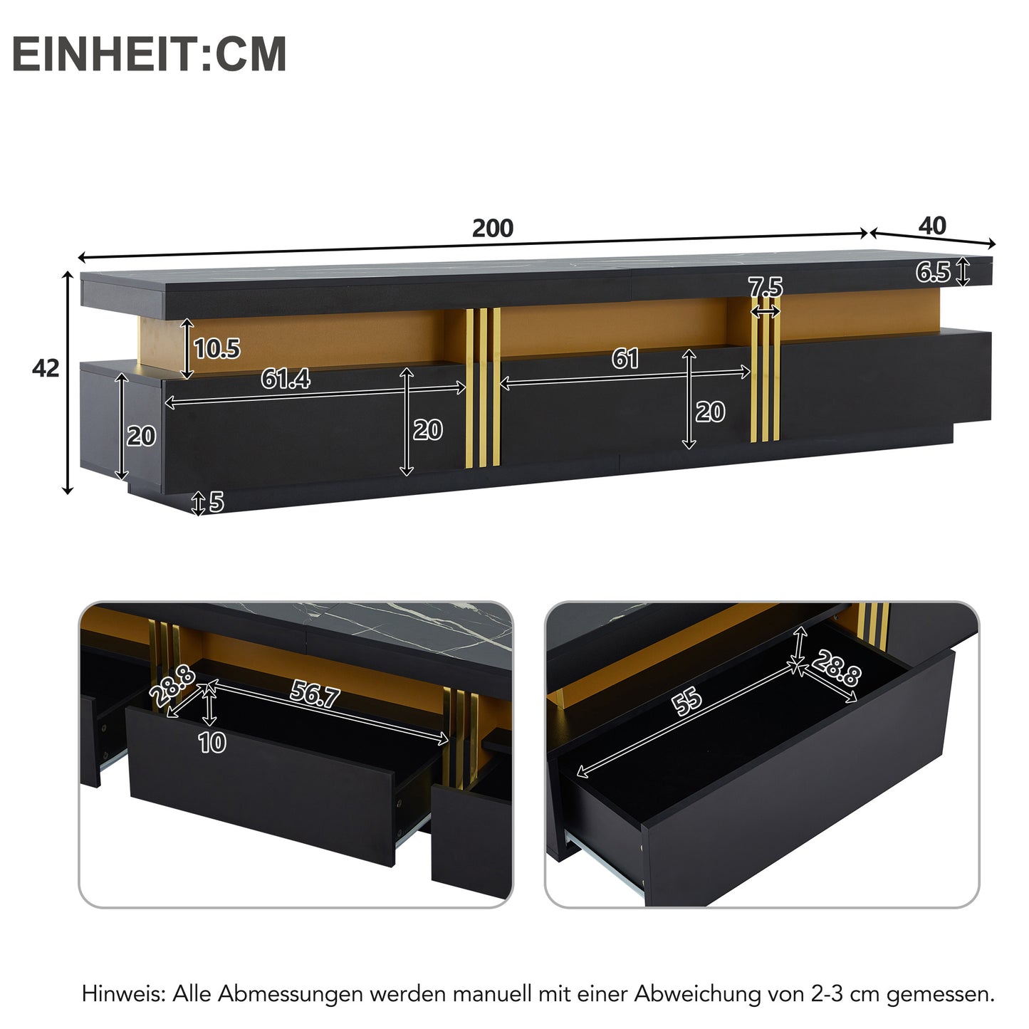 Modern TV-meubel – Tv-meubel – Lowboard – Tv-kast – Mediameubel – Marmerlook – 3 Laden – Kabeldoorvoer – Geschikt voor TV’s tot 90 inch – Wit-Goud