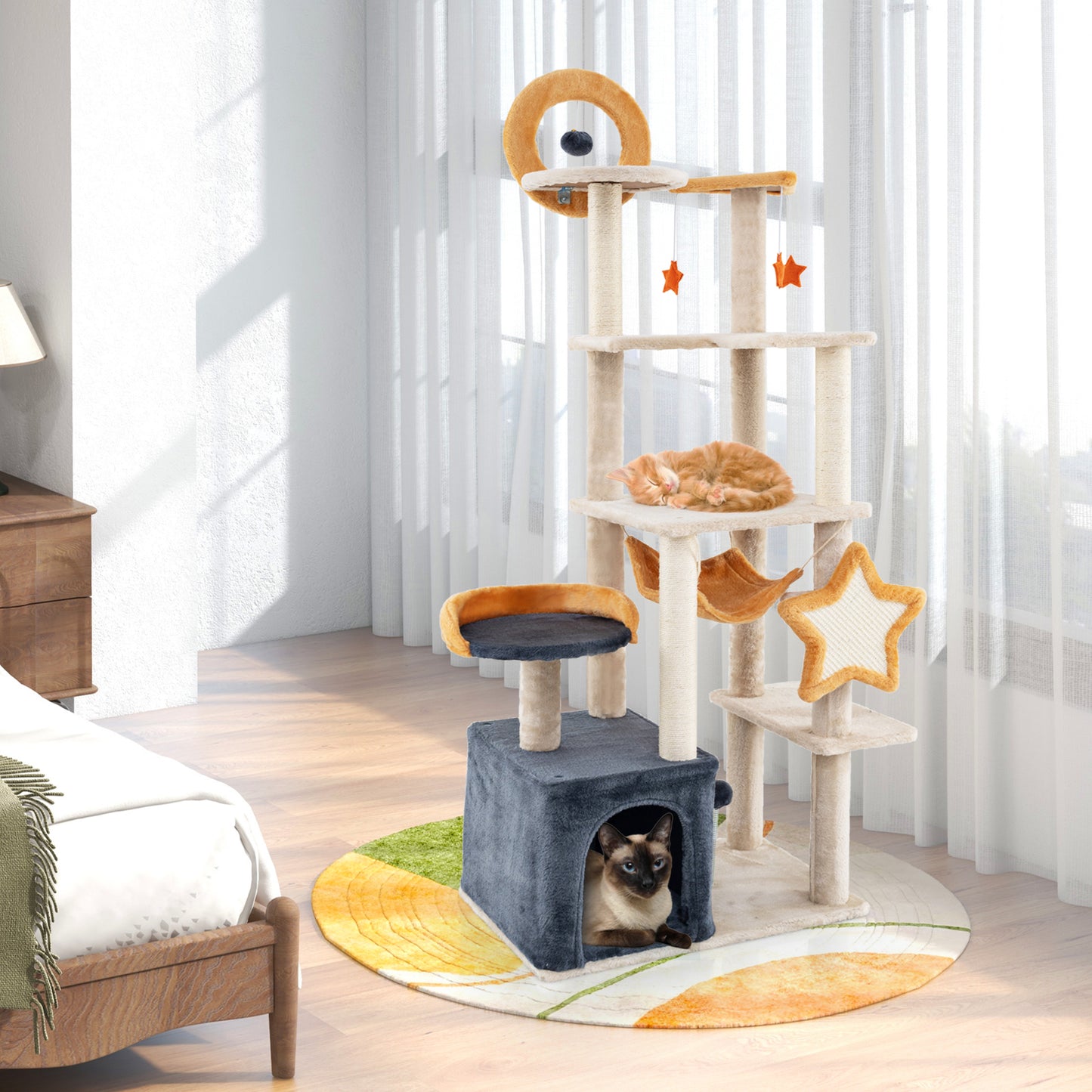 Kattenboom – Krabpaal – Klimtoren – Kattenhuis – Kattenmeubel – Ruim Multi-level Ontwerp – Stabiele Basis met Sisal Krabvoorzieningen – Beige Donkergrijs Oranje