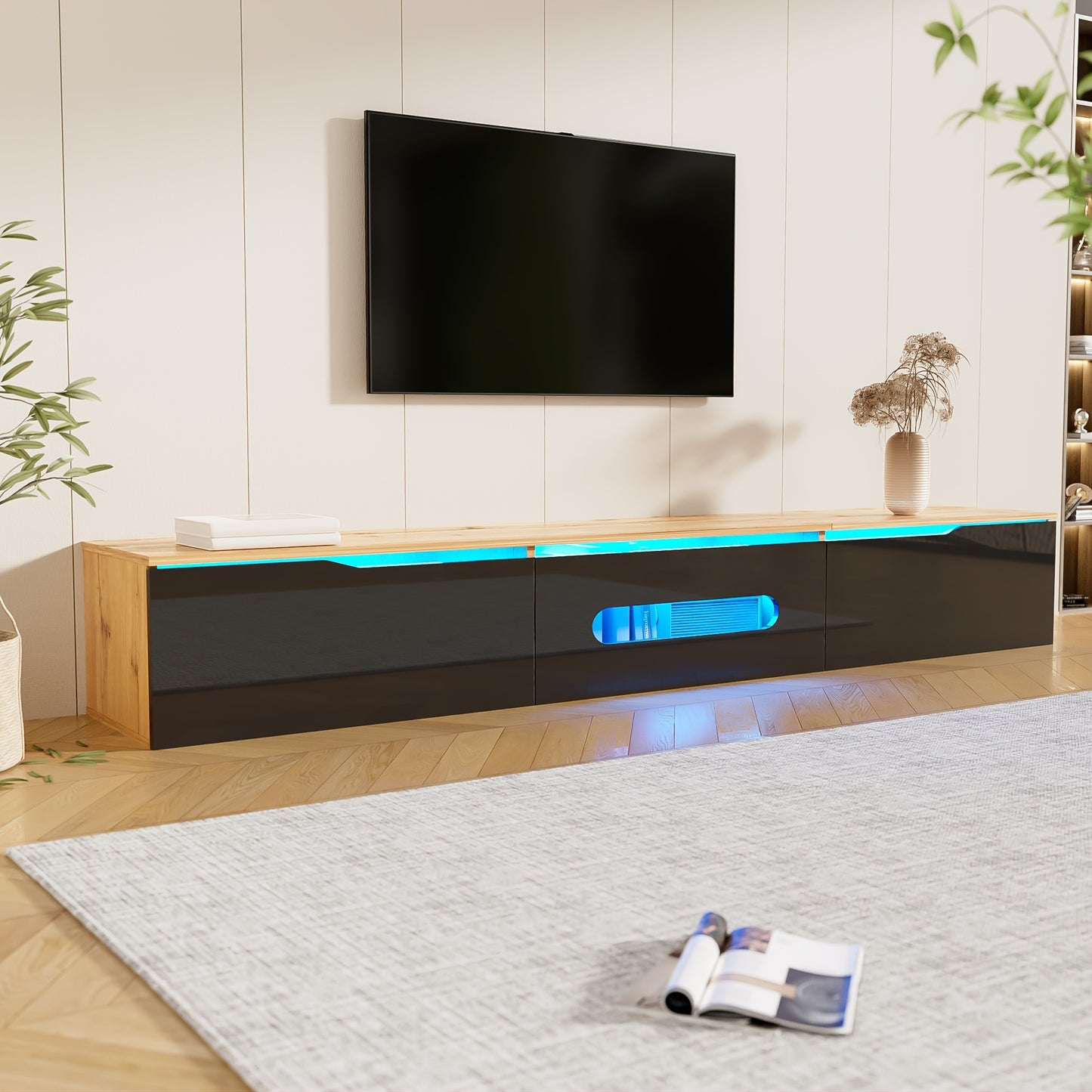 Tv-meubel – TV-kast – TV-dressoir – Media meubel – Televisiekast – Verstelbaar tot 180 cm – Hoogglans lak met 3 zwartglanzende deurtjes