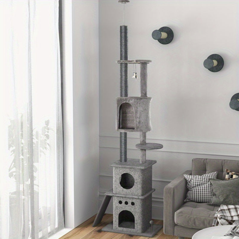 Krabpaal – Krabmeubel – Kattenpaal – Klimpaal – Krabton – Extra Hoog 225,5 cm – Verstelbare Hoogte – Stevige Basis – Lichtgrijs – Ruimtebesparend Design – Met Sisal Krabvlakken – Speeltoestellen