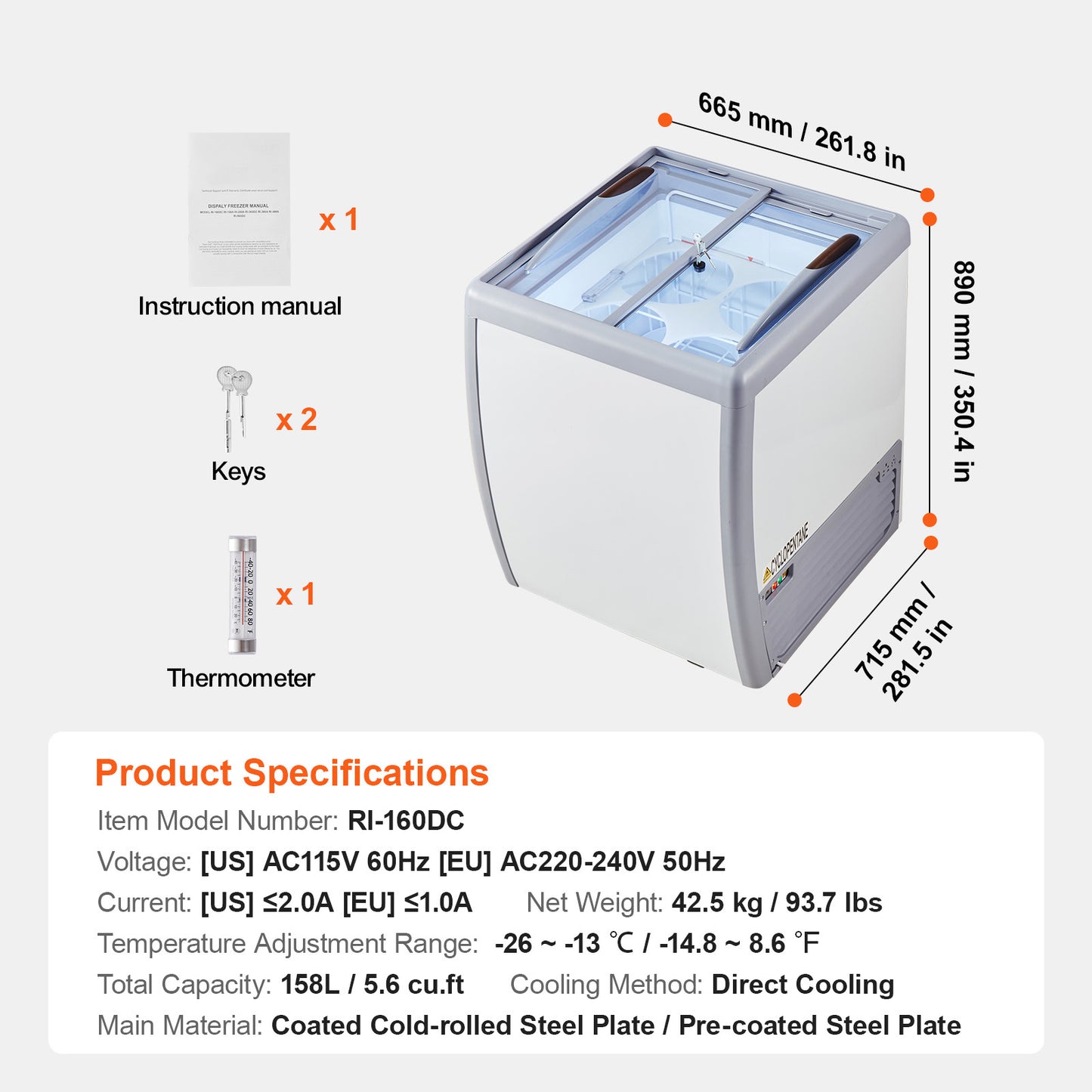 Ijsvitrine – Schepijsvitrine – Koelvitrine – Ijsdisplay – Vriesvitrine – 158 Liter Inhoud – Instelbare Temperatuur -26°C tot -13°C