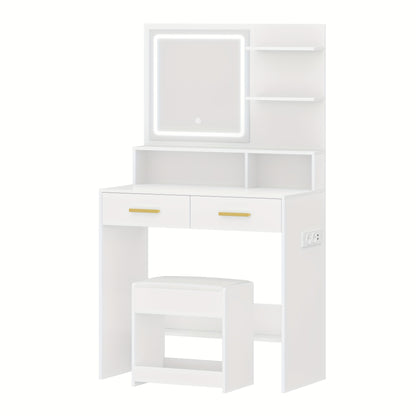 Dressing Table With Adjustable LED Lights, Rechargeable AC Socket And USB Port, Vanity Makeup With Soft Dressing Stool, 2 Drawers, Open Organisers, For Bedroom, Cloakroom, White