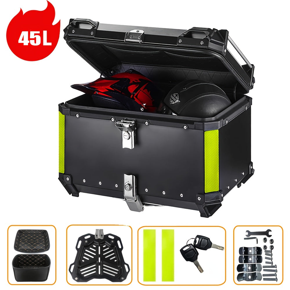 Aluminum Alloy Motorcycle Helmet Box with Lock - Durable Top Tail Luggage Storage Tool Box for Yamaha, for HONDA, for BMW & Most Motorcycles, Black with Neon Green Accents, Includes Mounting Hardware & Accessories, Motorcycle
