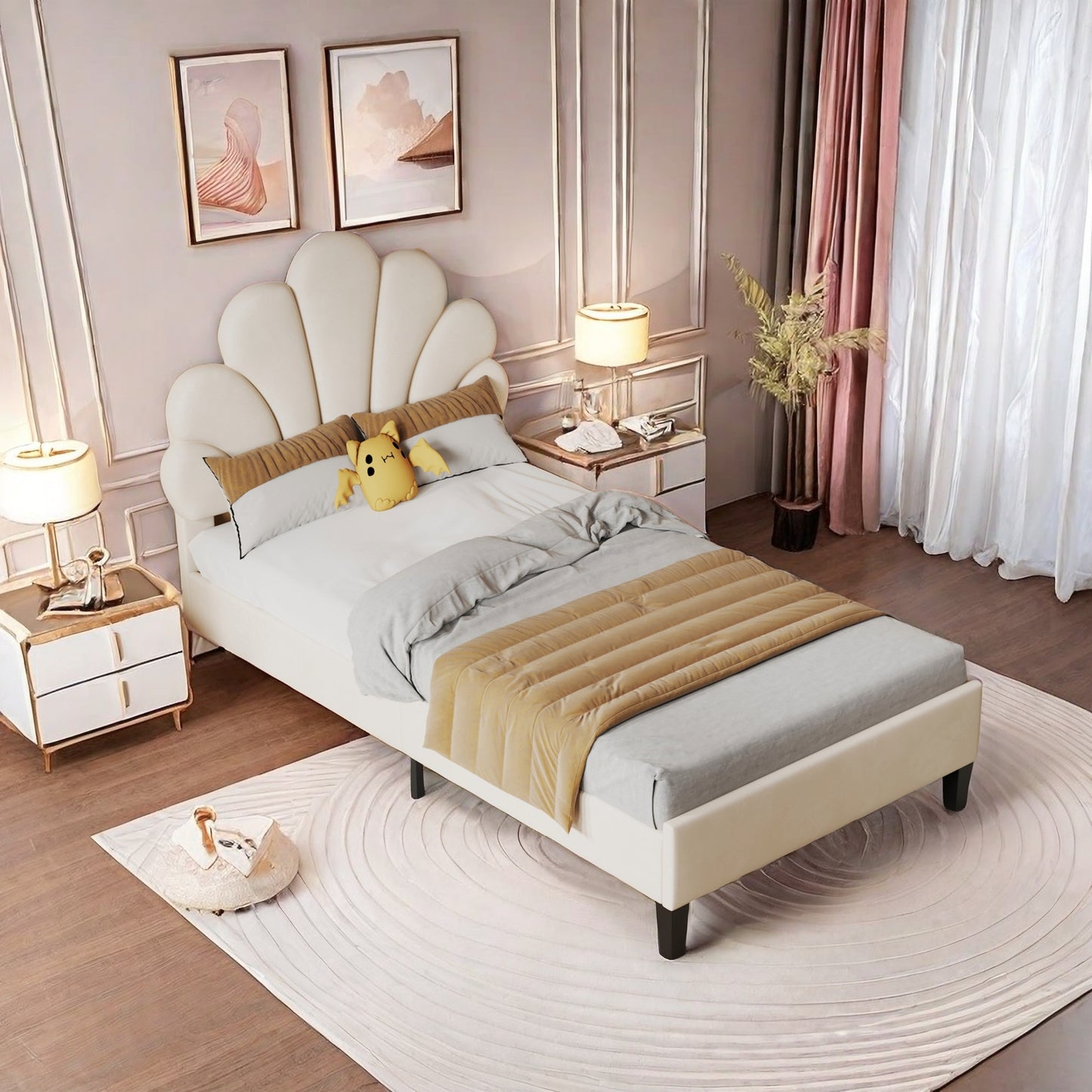 Bedframe – Bed – Bedframe Met Hoofdbord – Gestoffeerd Bed – Houten Bedframe – Beige – 90x200 cm – Fluwelen Bloemblad Hoofdbord – Stevig En Comfortabel