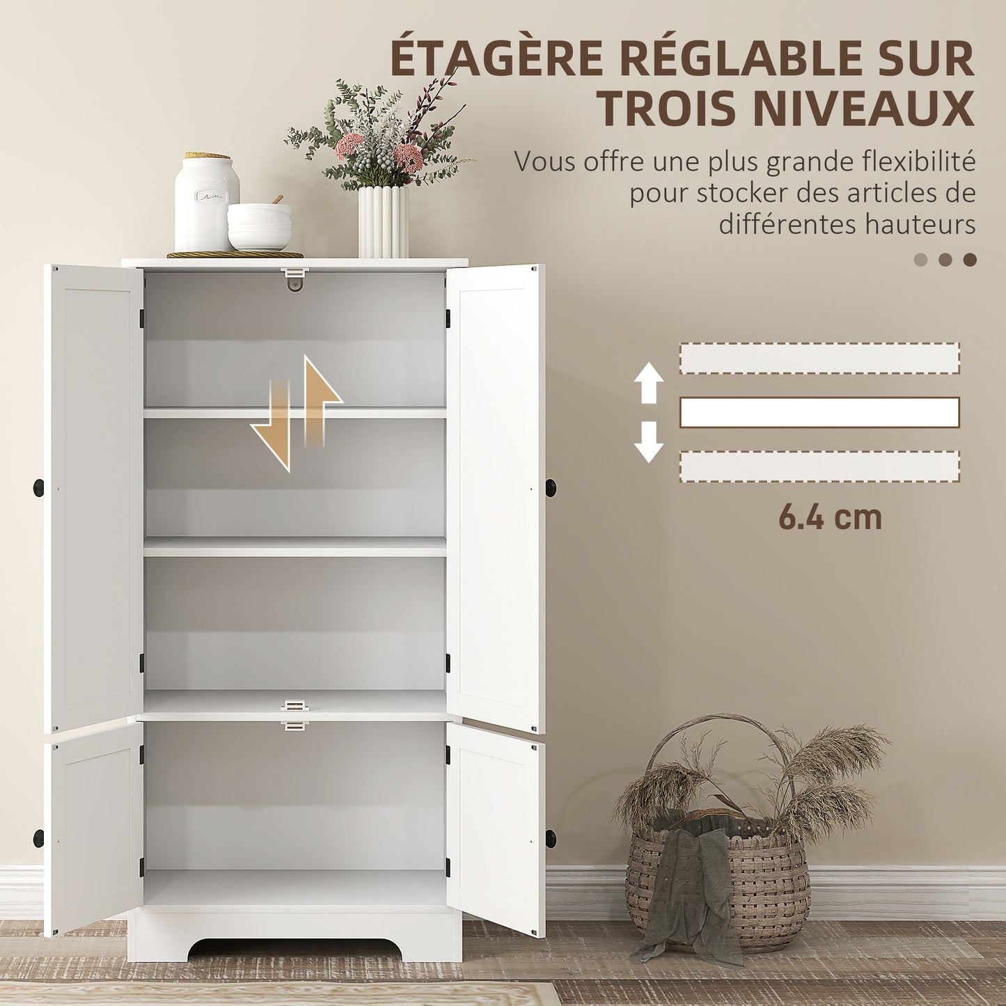 HOMCOM Kitchen Armoire Buffet Cabinet with Adjustable Shelves And Cupboards for Dining Room, Living Room, 58.2 X 30 X 123 Cm, White