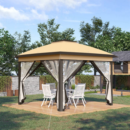 Tuinkamer – Tuinpaviljoen – Partytent – Prieel – Overkapping – Dubbel Dak – 4 Afneembare Vliegenhorren – Beige/Bruin