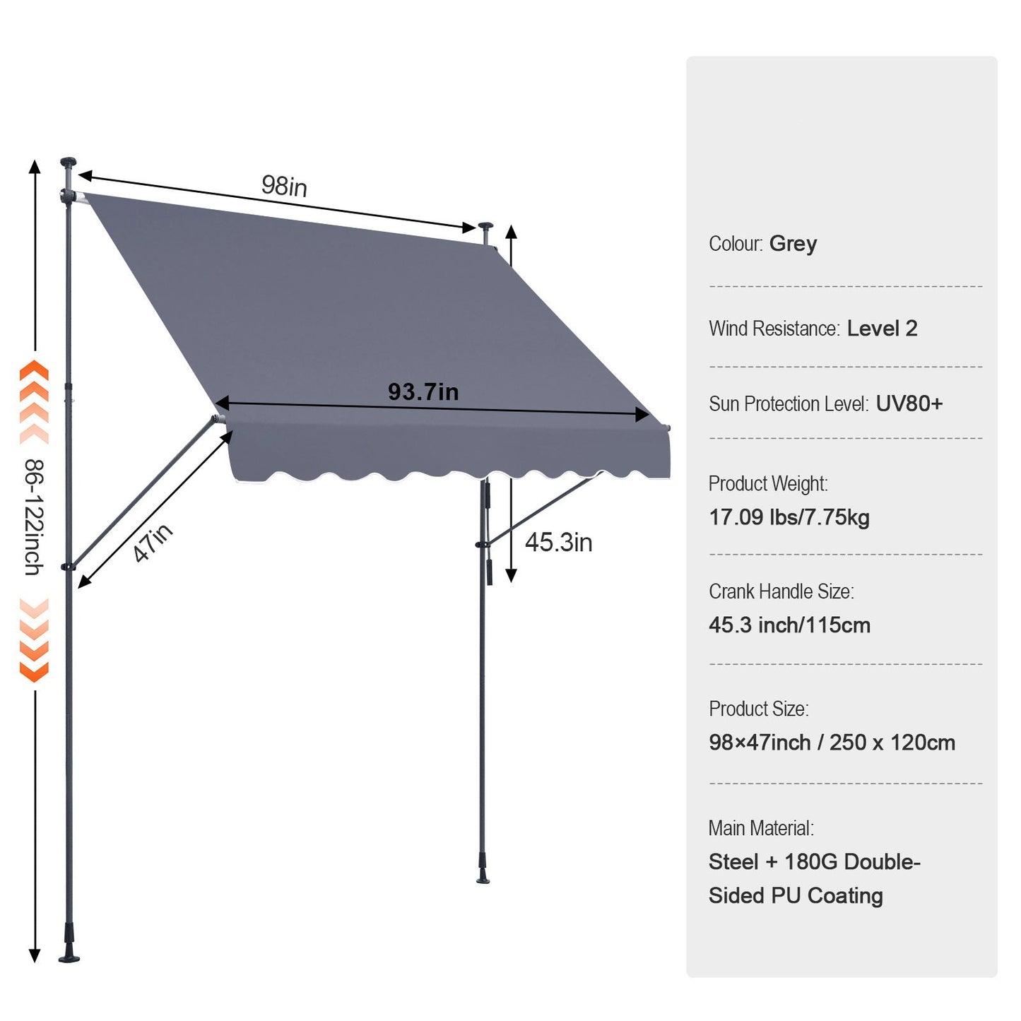 Zonnescherm – Balkonluifel – Terrasdoek – Zonwering – Schaduwdoek – Verstelbaar Hoogte 218-309 cm – UV-bestendig Grijs 250x120 cm