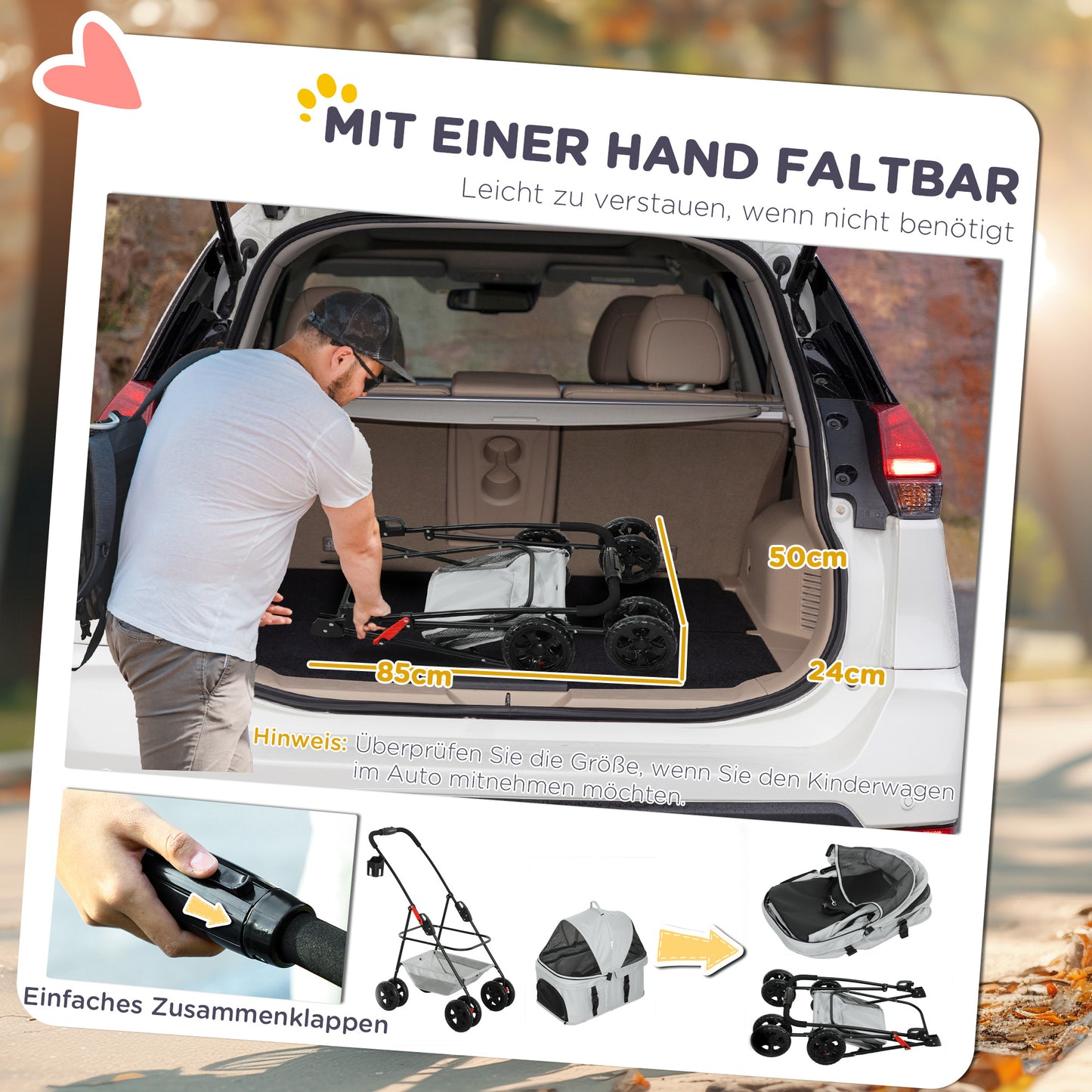 Huisdierrenwagen – Dierenwagen – Wandelwagen – Draagmand – Transportkar – Lichtgrijs – 3-in-1 Inklapbaar Ontwerp – Afneembare Regenhoes