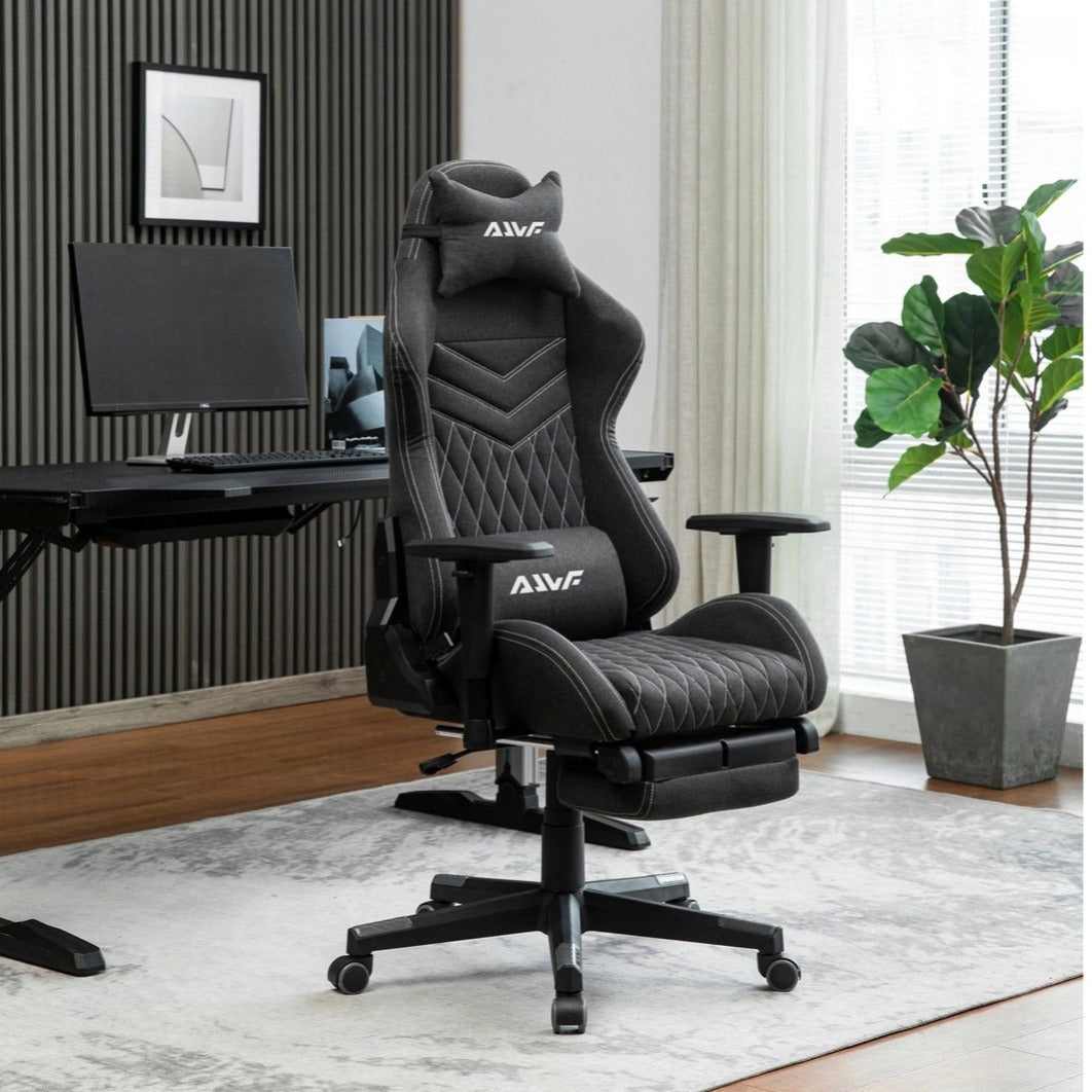 Gamingstoel – Gamestoel – Gaming Chair – Game Stoel – Bureaustoel – Ademend Stof – Pocketveer Zitting – Verstelbare Voetsteun – Opbergtas – Zwart