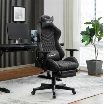 Gamingstoel – Gamestoel – Gaming Chair – Game Stoel – Bureaustoel – Ademend Stof – Pocketveer Zitting – Verstelbare Voetsteun – Opbergtas – Zwart