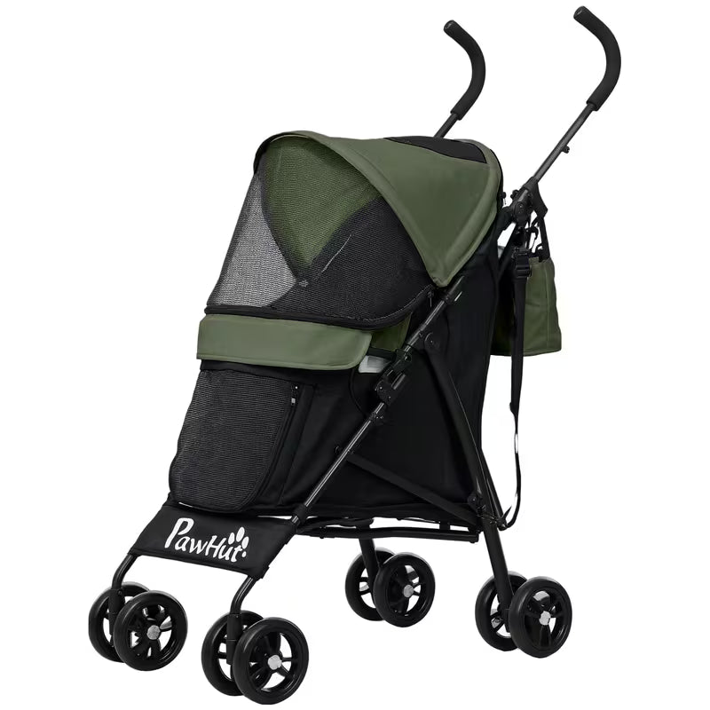 Huisdierwagen – Pet Stroller – Dierenwagen – Huisdierenbuggy – Dierenbuggy – Donkergroen – Veiligheidsharnas – Ademend Gaasraam