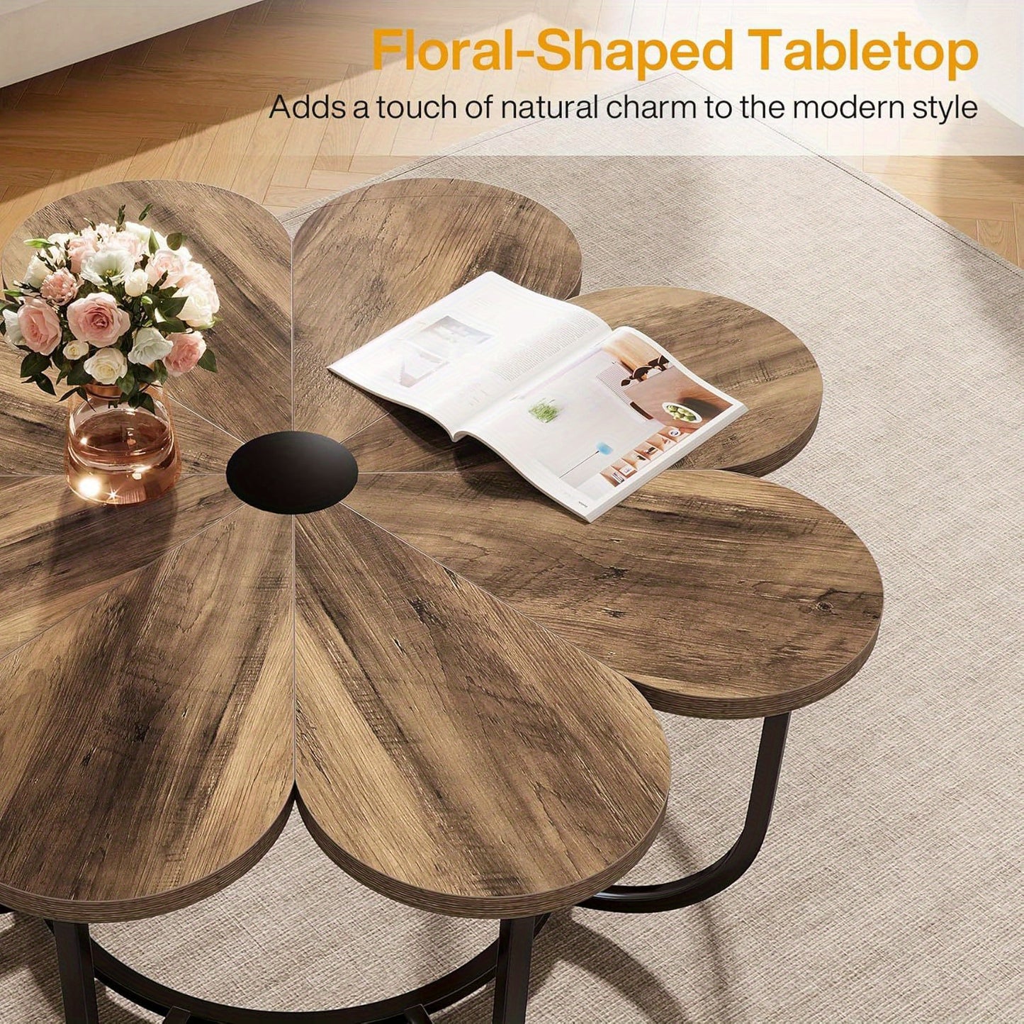 Bloemvormige Salontafel – Modern Coffee Table – Sofa Tafel – Woonkamer Tafel – Bloem Salontafel – 100 cm Diameter – Marmerlook Tafelblad met Metalen Frame