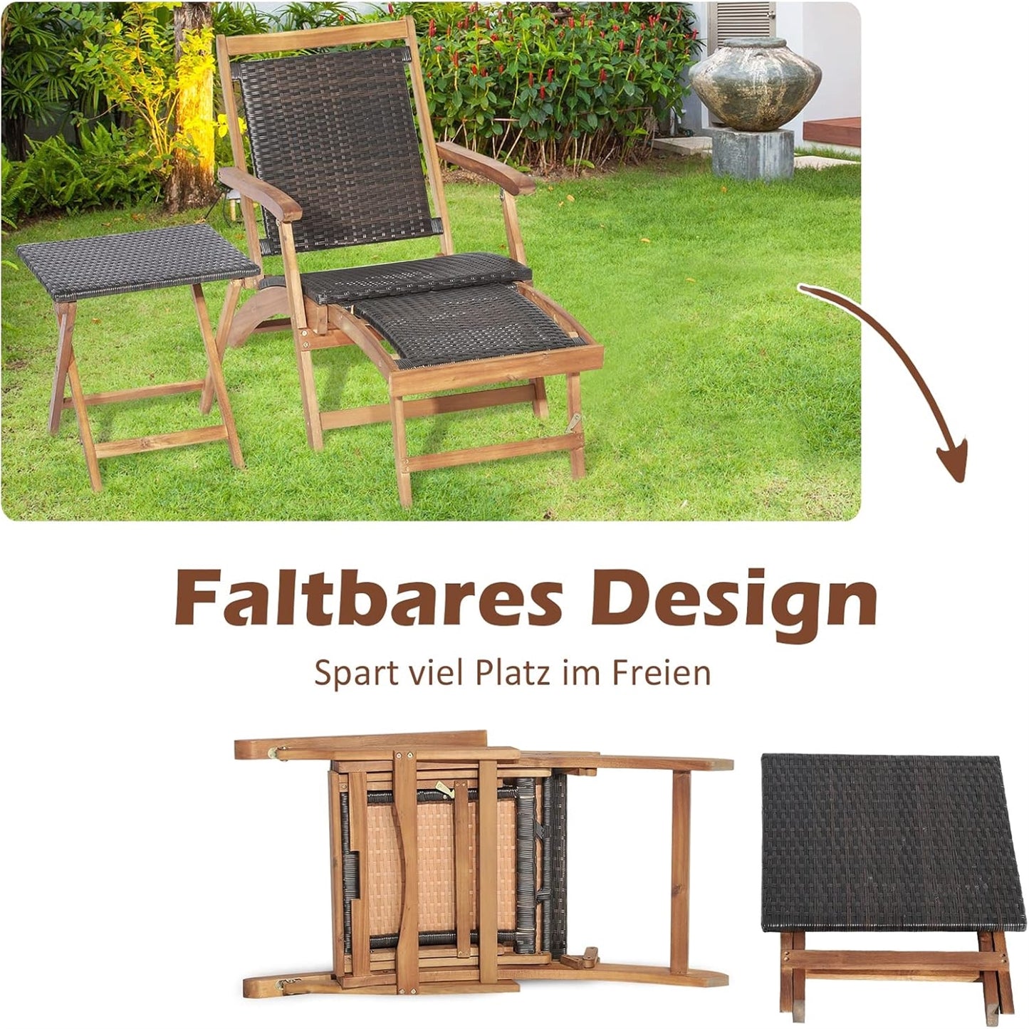 Rattan Ligstoel – Tuinstoel – Ligbed – Strandstoel – Balkonstoel – Uittrekbare Voetensteun – Inklapbaar Met Bijzettafel – Max 160 Kg Belastbaar – Weerbestendig PE-Rattan Bruin