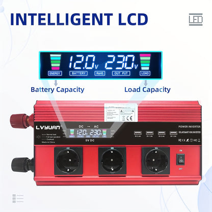 Power Inverter 12V naar 230V – Spanningsomvormer – Omvormer – Converter – Stroomomvormer – 3000W Vermogen – 4 AC-uitgangen en LCD Display