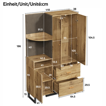 Halmeubel – Garderobekast – Halkast – Schoenenkast – Opbergkast – Compact Design – MDF Met Stoffen Panelen – 110x38x186 cm – Natuurlijke Houtlook