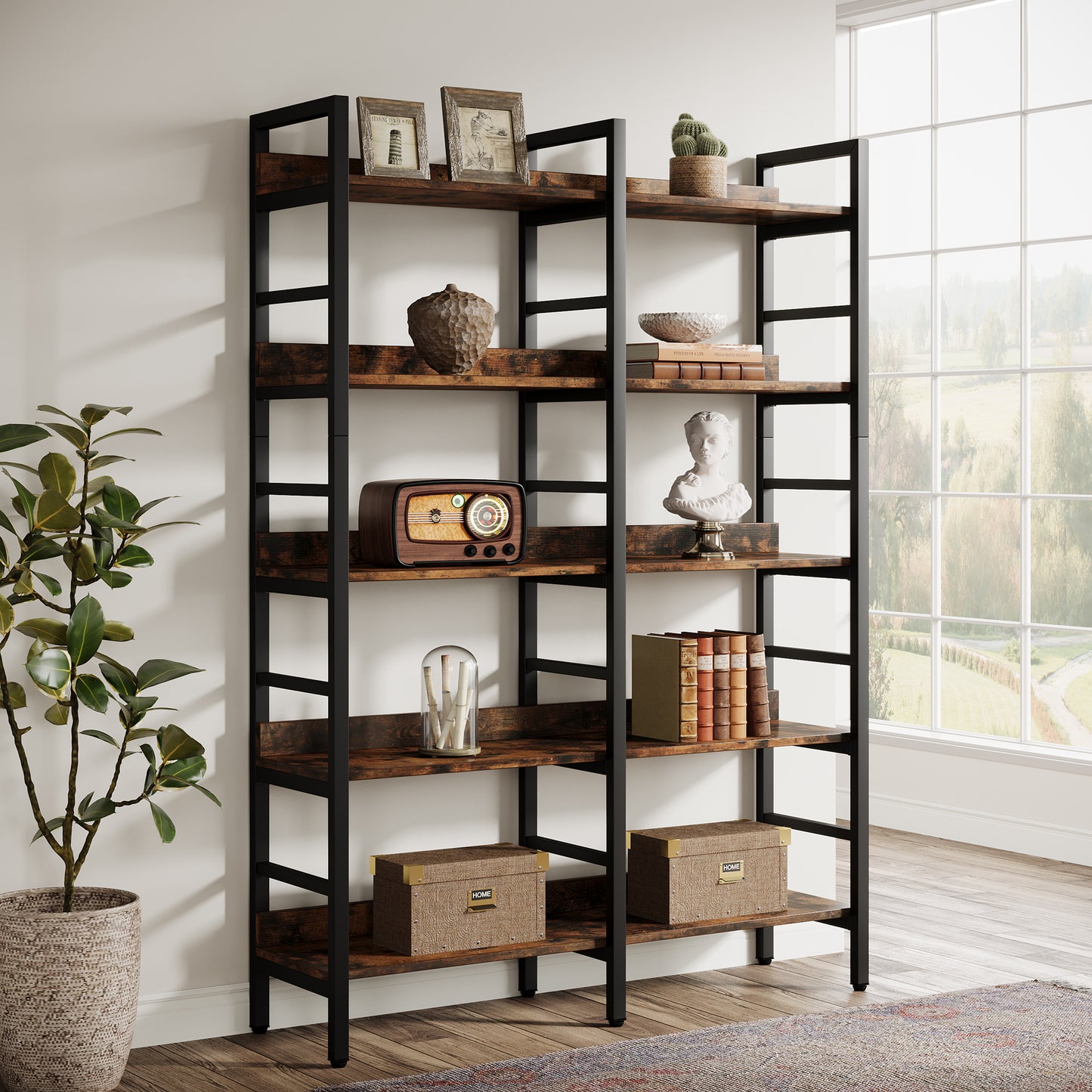 180.34cm Tall Industrial 5-Tier Freestanding Bookshelf | Wooden Shelves with Wide Open Spaces, Large Storage for Books, CDs, Garage Kits, Christmas Holiday Style, Suitable for Bedroom, Living Room, Office - BYBLIGHT