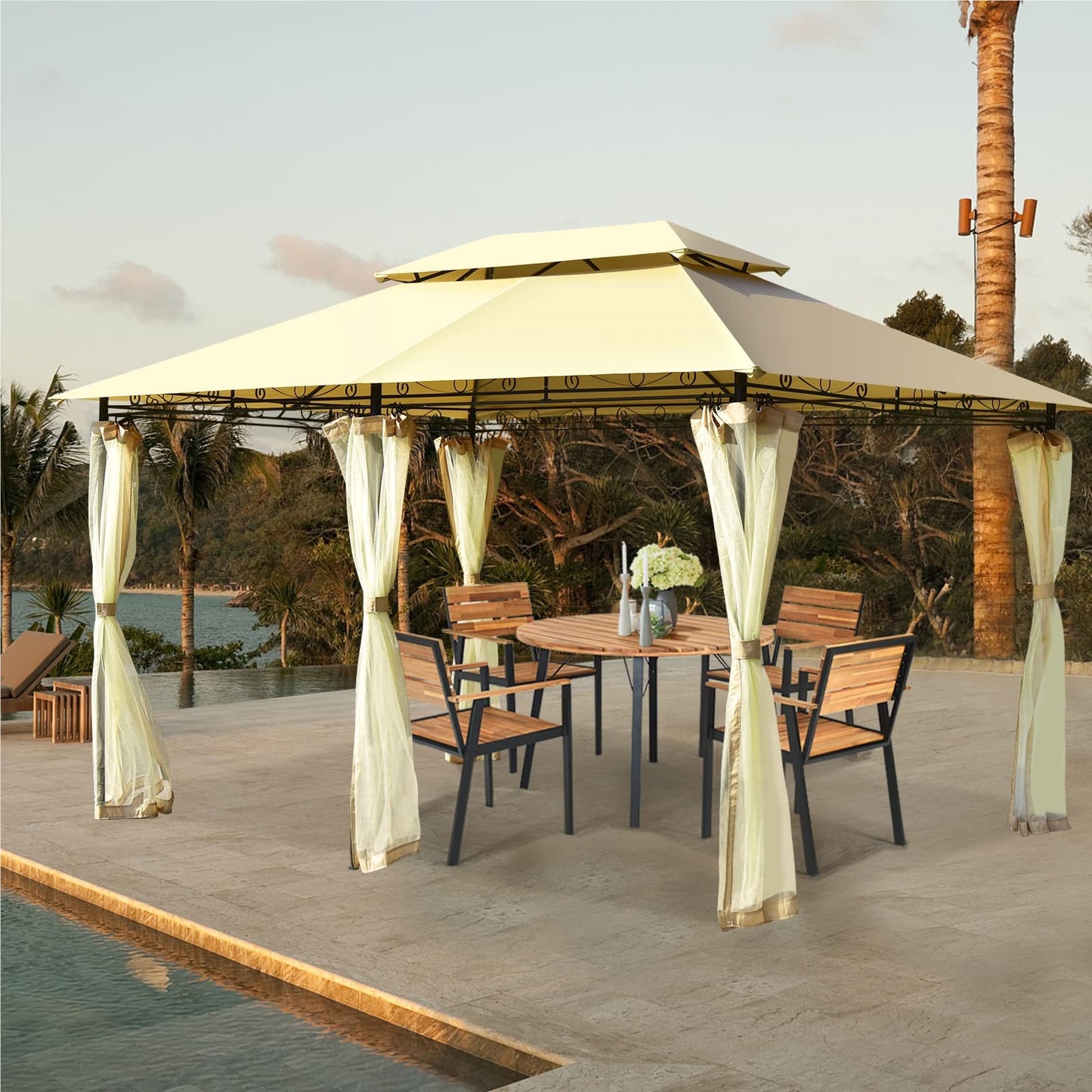 Metalen Tuinpaviljoen – Partytent – Tuintent – Serre – Overkapping – 3x4m – Afneembare Zijwanden – Stevig Stalen Frame – Weerbestendig Polyester – Beige