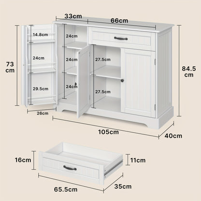 Opbergkast – Kasten – Dressoir – Sidetable – Kastje – Vrijstaand – Wit Retro Bruin – Hardhouten Constructie – Ruime 3-Deurs + Ladenkast – 3,2 Kubieke Voet Opslag