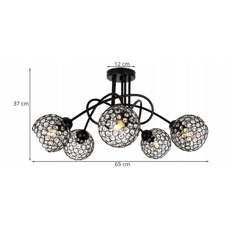 Plafondlamp – Plafonnière – Hanglamp – Kroonluchter – Kristallen Lamp – Vijf Lichtpunten – Metaal en Kristal – Zwart – 37 cm Hoog – E27 Fitting