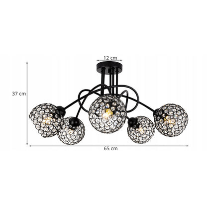 Plafondlamp – Plafonnière – Hanglamp – Kroonluchter – Kristallen Lamp – Vijf Lichtpunten – Metaal en Kristal – Zwart – 37 cm Hoog – E27 Fitting