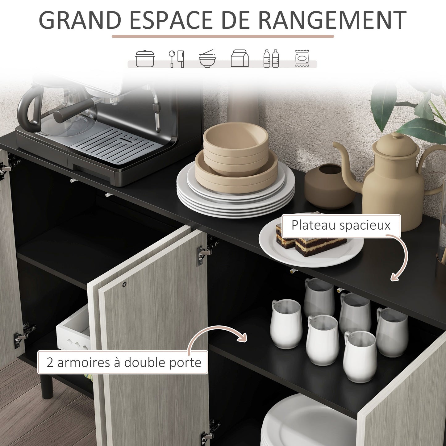 Keukenkast – Keukenbuffet – Buffetkast – Voorraadkast – Keukenopberger – 2 Dubbele Deuren – Verstelbare Planken – 121 x 37 x 75 cm – Hout Spaanplaat – Zwart-Grijze Houtnerf