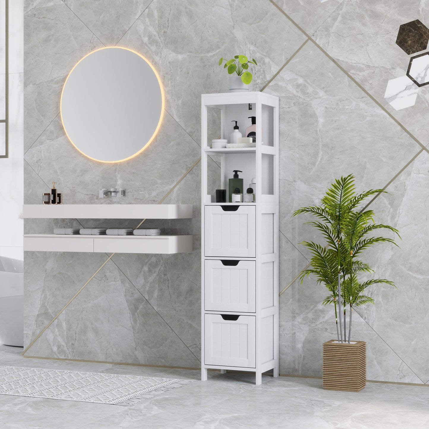 Badkamerkast – Badkamermeubel – Opbergkast – Kolomkast – Wastafelonderkast – Waterbestendig Materiaal – 2 Planken & 3 Lades – Wit
