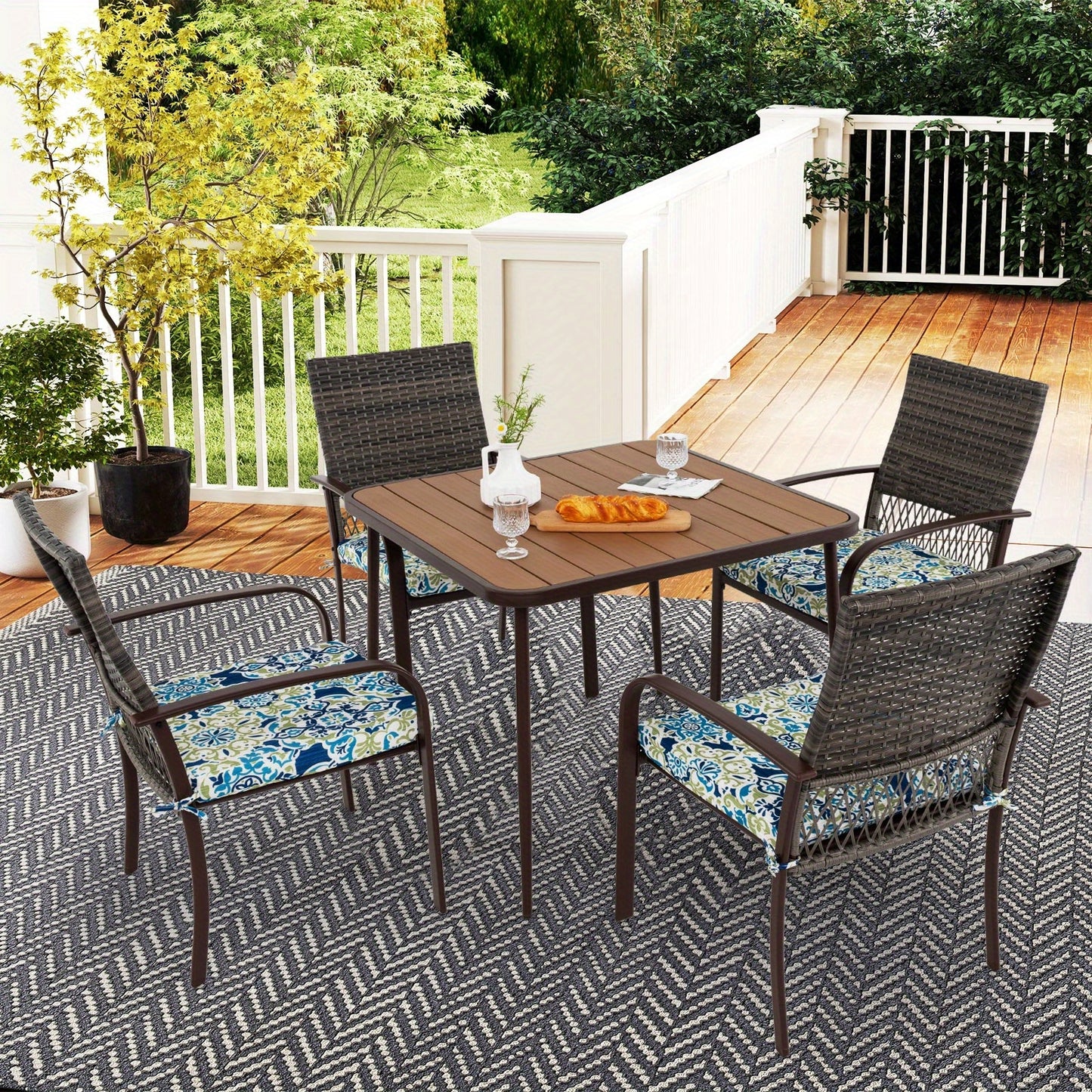 5-delige tuinset – tuinmeubelset – loungeset – terrasset – buitenmeubels – PE-rattan en metaal – vierkante tafel 80x80 cm met parasolgat