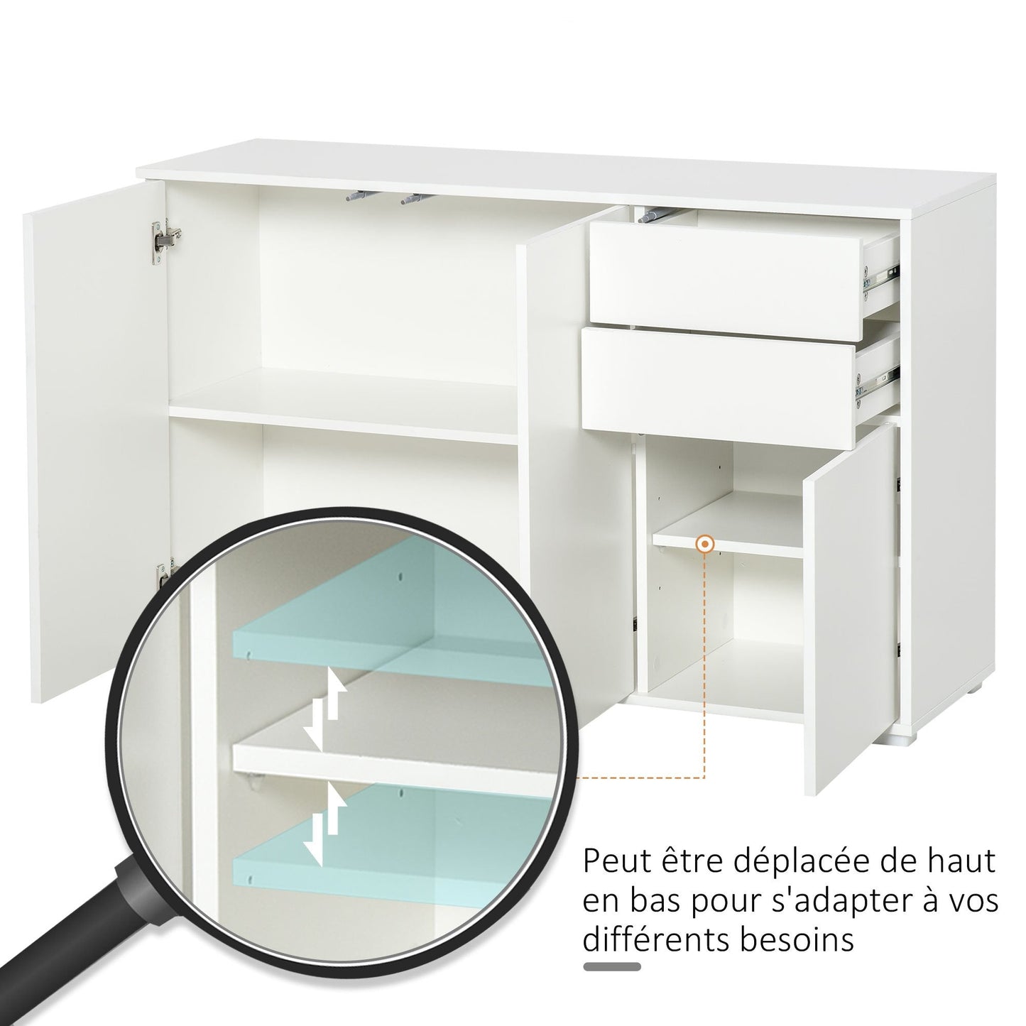 Dressoir – Opbergkast – Ladekast – Buffetkast – Woonkamerkast – Wit – 3 Deuren & 2 Schuifladen – Verstelbare Plank – Spaanplaat