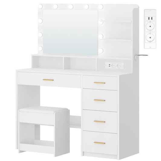 Kaptafel – Make-up tafel – Schminktafel – Dressing tafel – Make-up meubel – Wit – Driedubbele 3-kleur LED-verlichting – Groot spiegeloppervlak met stopcontacten