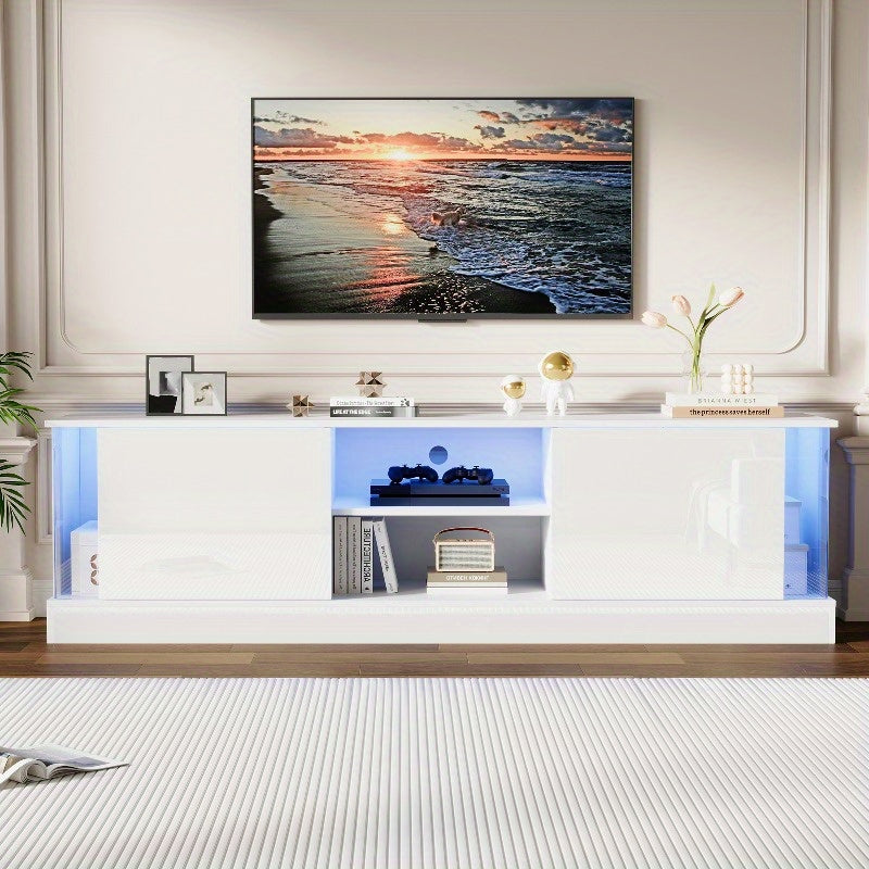 Moderne Witte High-Gloss Tv-Meubel – Rustieke Tv-Stand – Tv-Meubel Met Opbergruimte – Tv-Kast Voor Woonkamer – Tv-Tafel Voor Slaapkamer – Duurzaam Metalen Frame – Kabelmanagement Systeem