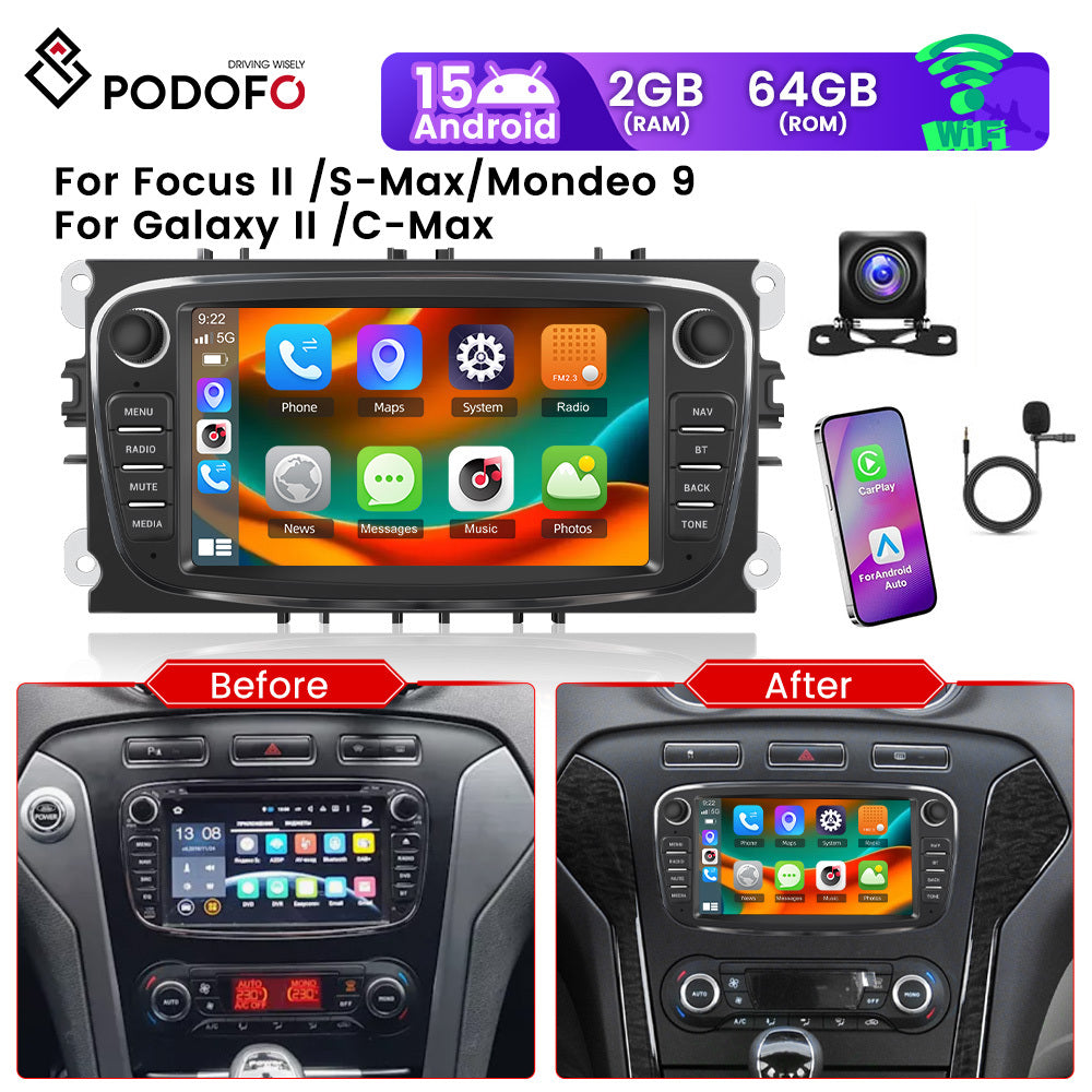 Android 15 Autoradio – Auto Multimedia Systeem – Navigatiesysteem – Headunit – Touchscreen Radio – 7-Inch HD Scherm – Draadloze CarPlay & Android Auto – Inclusief AHD Achteruitrijcamera & Microfoon