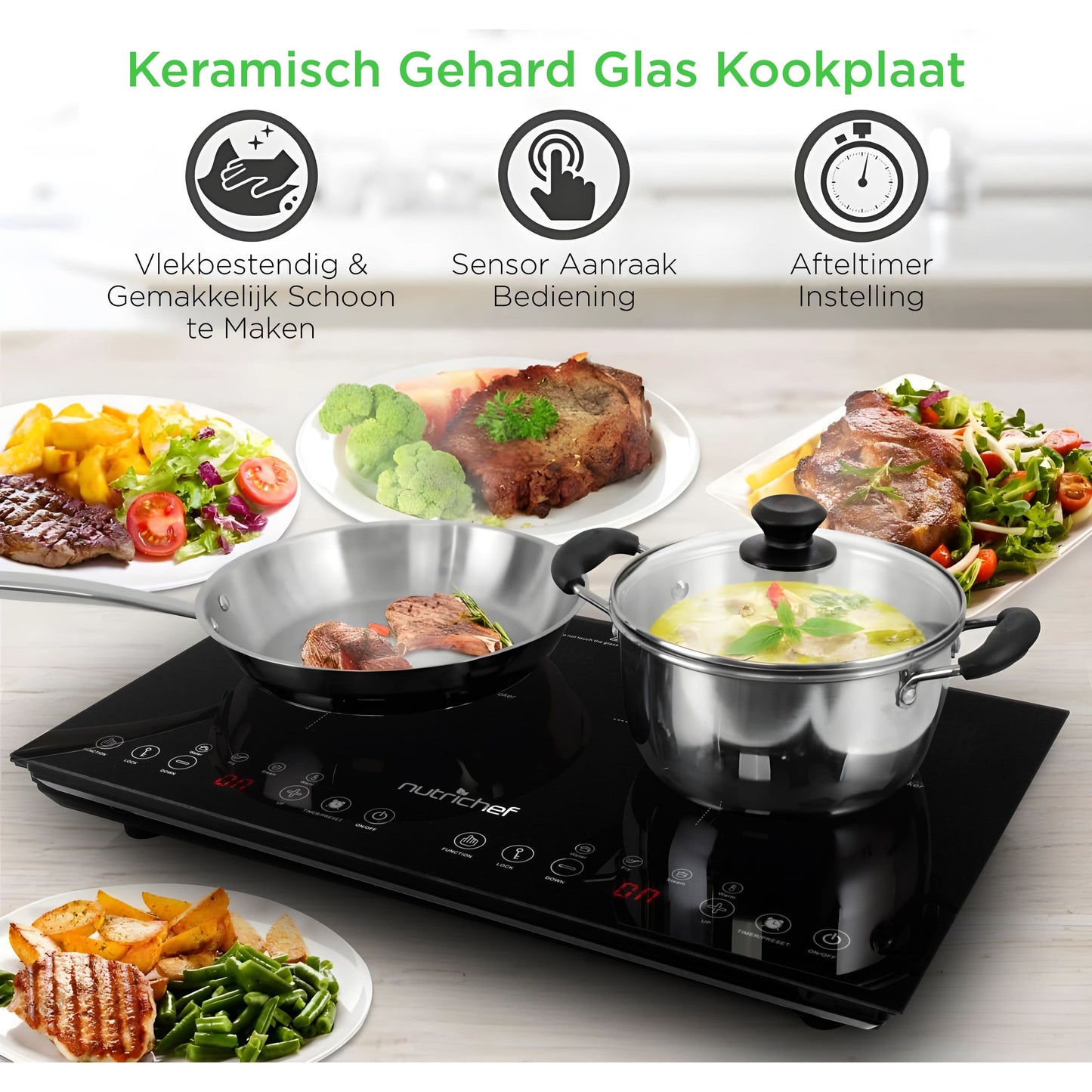 Inductiekookplaat – Elektrische Kookplaat – Vrijstaande Kookplaat – Draagbare Kookplaat – 2 Kookzones – Keramisch Glas – Kinderslot Veiligheid – 230V Aansluiting