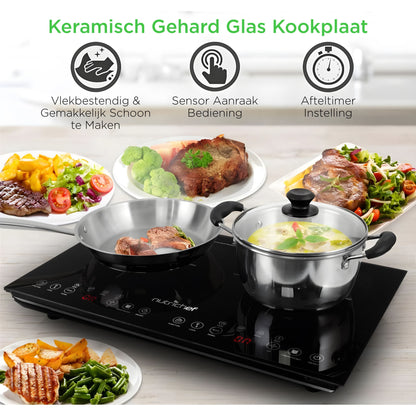 Inductiekookplaat – Elektrische Kookplaat – Vrijstaande Kookplaat – Draagbare Kookplaat – 2 Kookzones – Keramisch Glas – Kinderslot Veiligheid – 230V Aansluiting