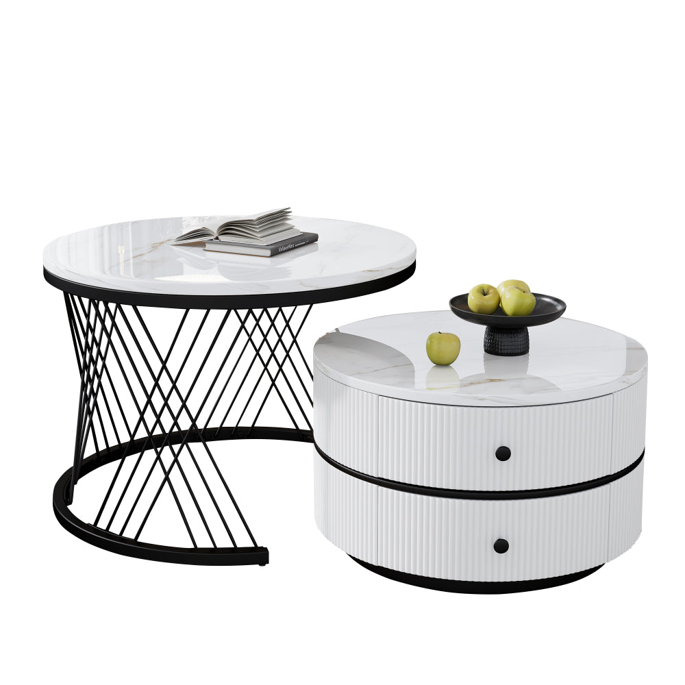 Salontafel – Koffietafel – Bijzettafel – Nesting Tafel – Opbergtafel – Nestbare Set Met Twee Lades – Metalen Frame – Rond Tafelblad – Moderne Design – Ruimtebesparend