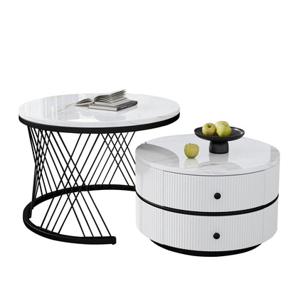 Salontafel – Koffietafel – Bijzettafel – Nesting Tafel – Opbergtafel – Nestbare Set Met Twee Lades – Metalen Frame – Rond Tafelblad – Moderne Design – Ruimtebesparend