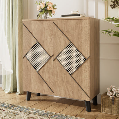 Schoenenkastje – Schoenopberger – Schoenenrek – Schoenenkast – Opbergkast – Bamboe – Rattan Deuren – Vrijstaand – Compact No-Assembly Design