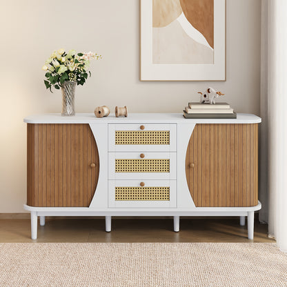 Dressoir – Kast – Ladekast – Opbergkast – Buffettafel – Rieten Deuren – Hardhout – Schuifdeuren – 80x40x85 cm – Natuurlijk Design