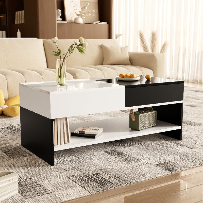 Salontafel – Koffietafel – Tafel – Woonkamertafel – Opbergtafel – Retro-Modern Design – 2 Laden Opbergruimte – Hoogglans Zwart-Wit – Ruim 100 cm – Direct Gebruiksklaar – Duurzaam Materiaal