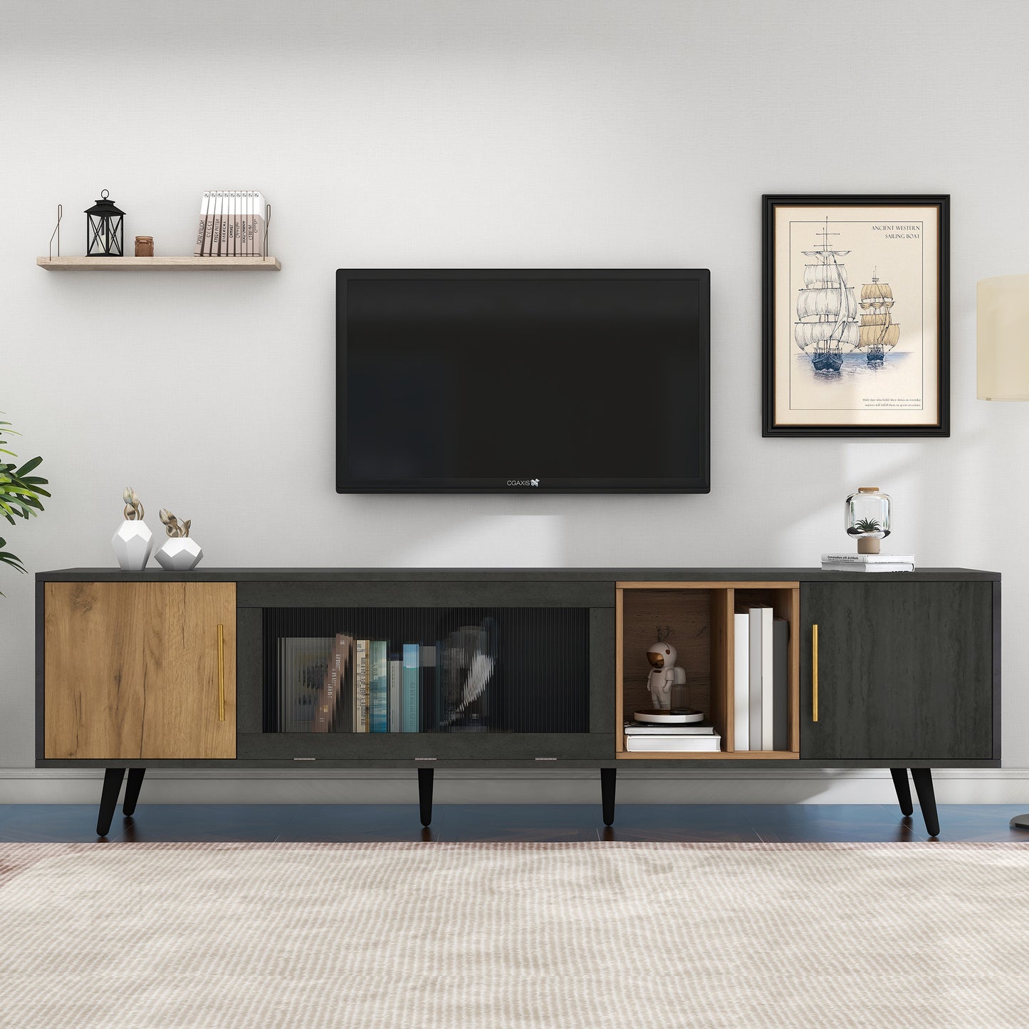 TV-Meubel – TV-Kast – Lowboard – Mediameubel – Tv-Stand – 3 Deuren Met Glazen Klapdeur – Geschikt Voor Tv’s Tot 90 Inch