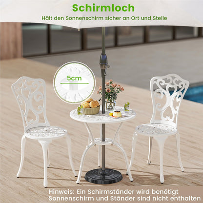 3-delige Tuinset – Bistroset – Balkonset – Terras Meubels – Patio Stoelen – Weerbestendig Aluminium – Stabiel Met Parasolgat – Wit