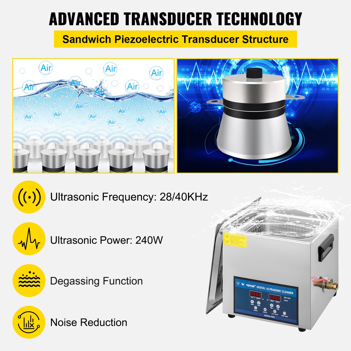Ultrasoonreiniger – Ultrasoon Reinigingsapparaat – Brillenbad – Sieradenreiniger – Kunstgebit Reiniger – 10L RVS Tank – Duale Frequentie 28/40 kHz met Verwarming Tot 80°C