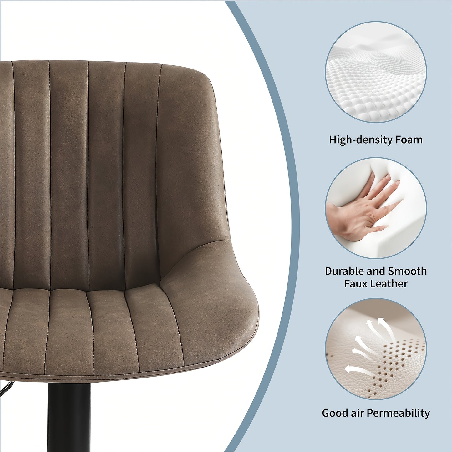 Barkrukken Set van 2 – Barstoelen – Keukenstoelen – Barkrukken Zonder Arm – Verstelbare Krukken – Hoogwaardige PU Leren Bekleding – 360° Draaibaar Met Gaslift – Zwart Bruin