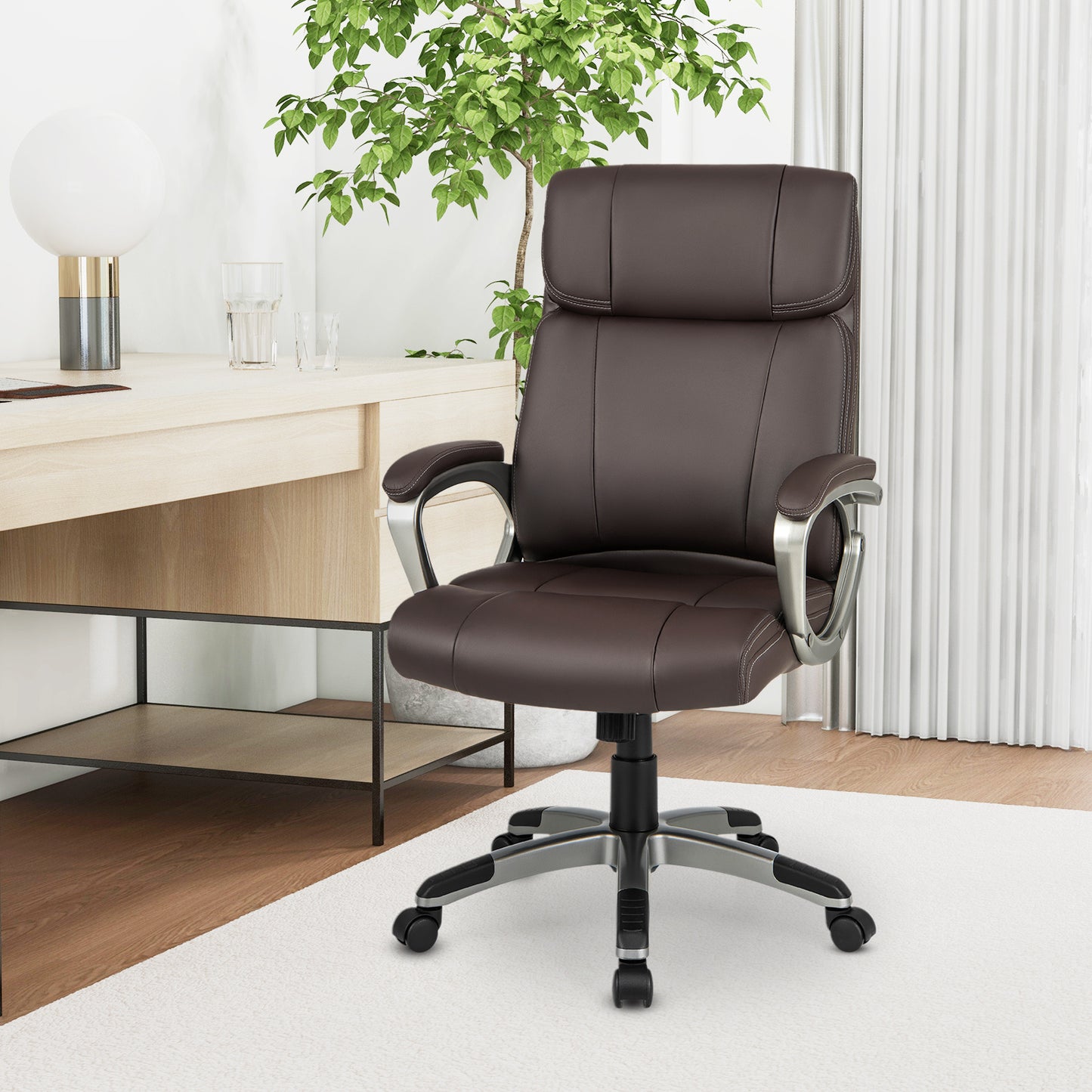 Ergonomische Bureaustoel – Kantoorstoel – Bureaustoel Draaibaar – Werkstoel – Bureaufauteuil – Kunstleer Bruin – Kantelbare Rugleuning – Verstelbare Zithoogte