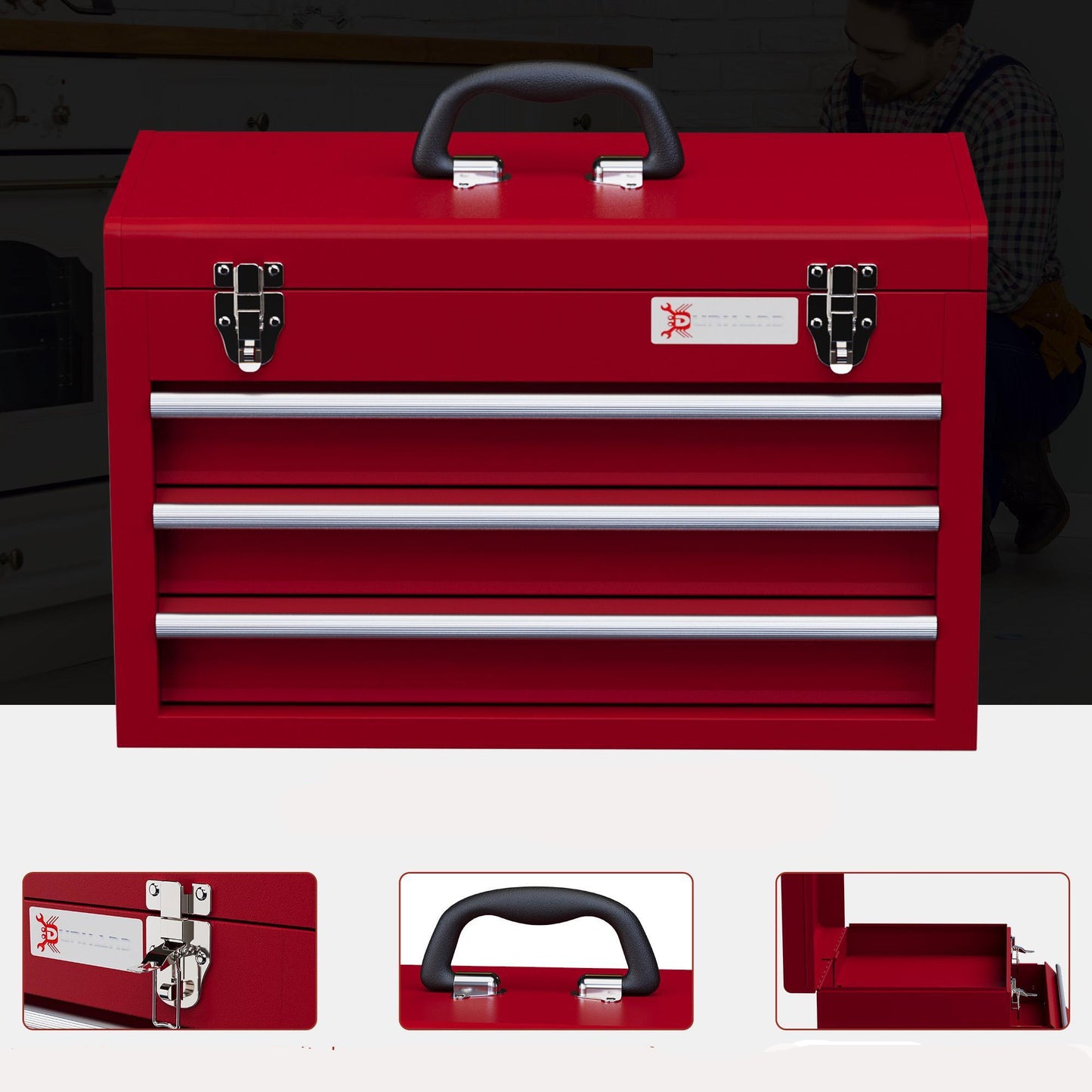 Gereedschapskist – Gereedschapskoffer – Toolbox – Werkplaatskist – Opbergkoffer – Robuust Koudgewalst Staal – 3 Lades Met Slot 51x22x32 cm Rood