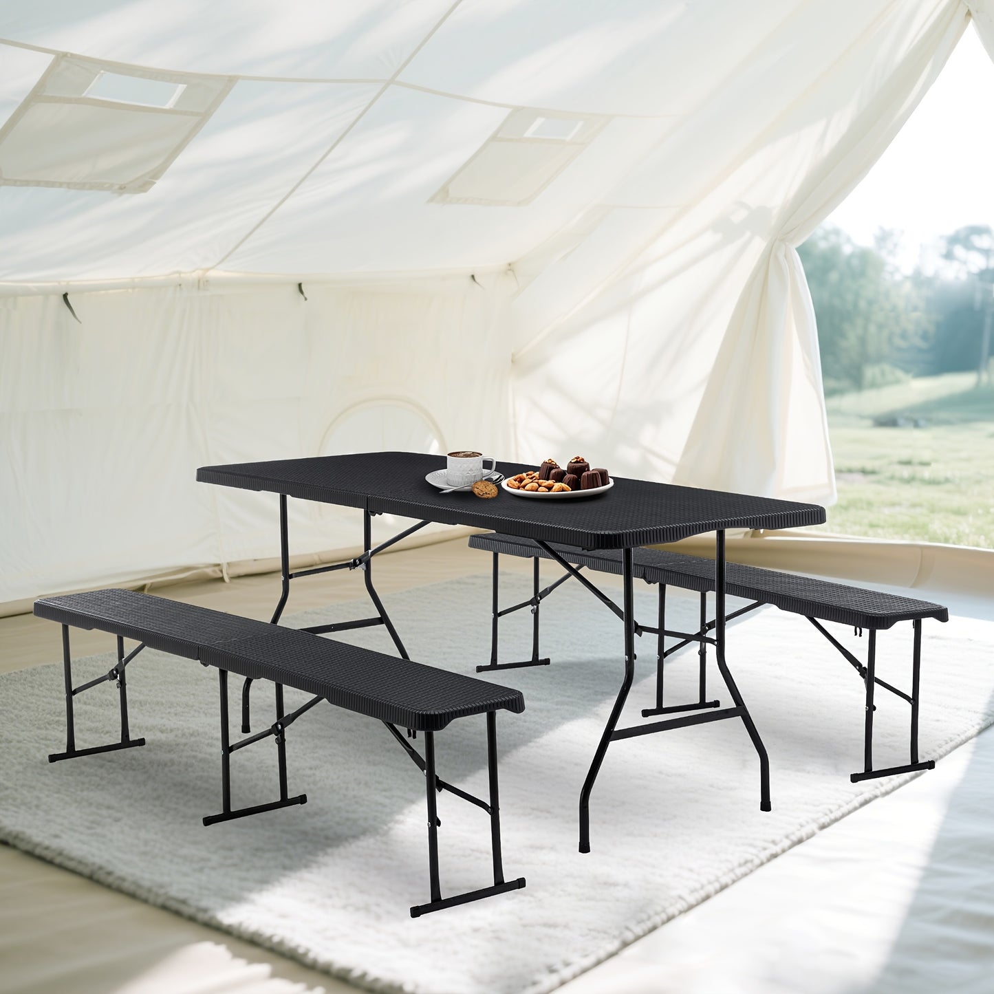 Opvouwbare Tuinset – Buffettafel – Bierbank – Campingtafel – Picknicktafel – Ruimte voor 8 Personen – Weerbestendig Kunststof Met Stalen Frame